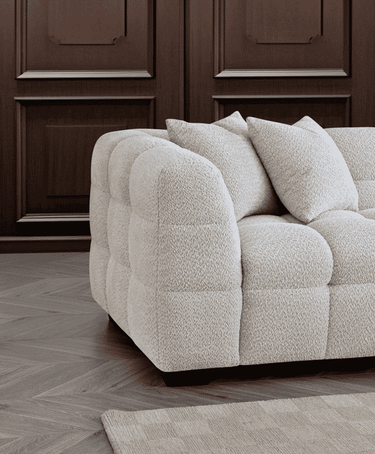 Luxury Tribeca Sofa in Soft Oatmeal Boucle Fabric - Contemporary Chesterfield Design with Deep Channel Stitching - UK Luxury Furniture